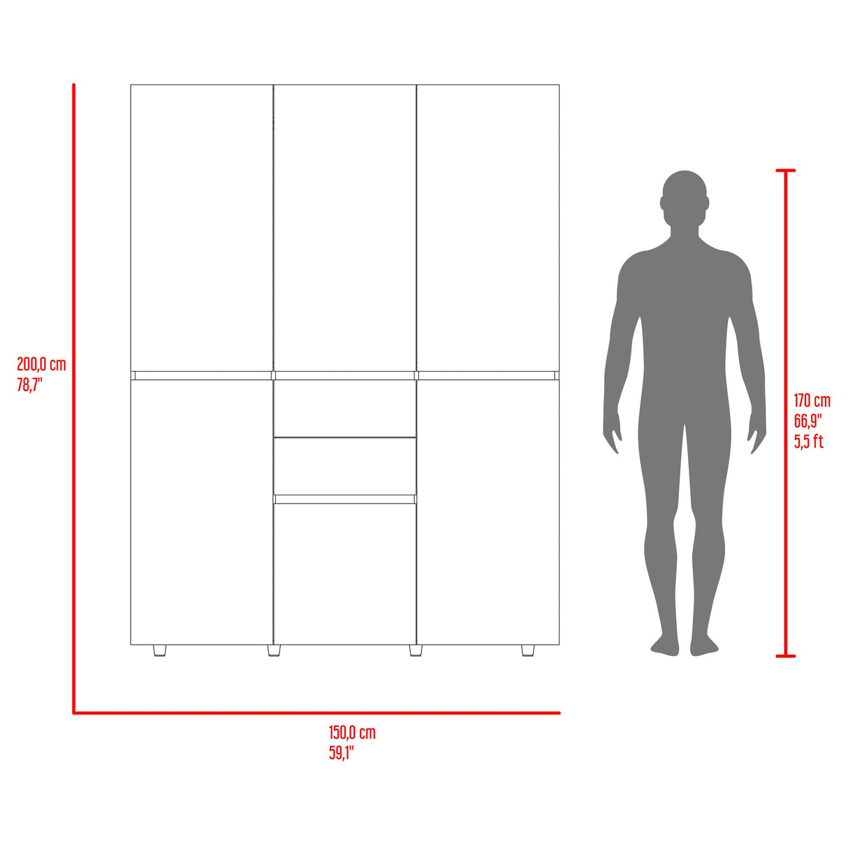 Closet Bea Fresno y Blanco 150x200cm con Dos Cajones con Seis Puertas y con Colgadero de Ropa - CLOSETS | Bylmo
