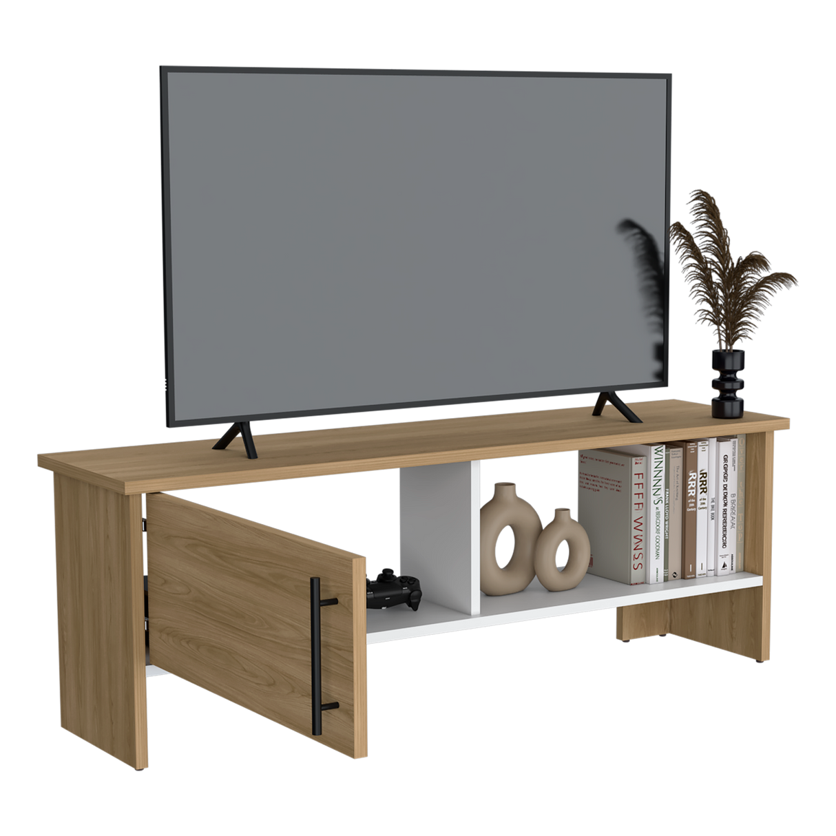 Mesa para TV Navia Fresno Europeo y Blanco 120.3x42.1cm para TV Hasta 50" Pulgadas y con Dos Compartimientos - MUEBLES DE TV | Bylmo