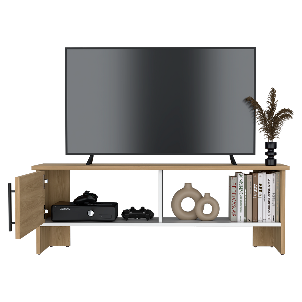 Mesa para TV Navia Fresno Europeo y Blanco 120.3x42.1cm para TV Hasta 50" Pulgadas y con Dos Compartimientos - MUEBLES DE TV | Bylmo