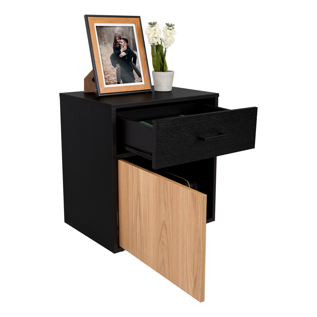 Mesa de Noche Grayson Wengue y Fresno 50x55cm con Un Cajón y con Dos Compartimientos - MESAS DE NOCHE | Bylmo