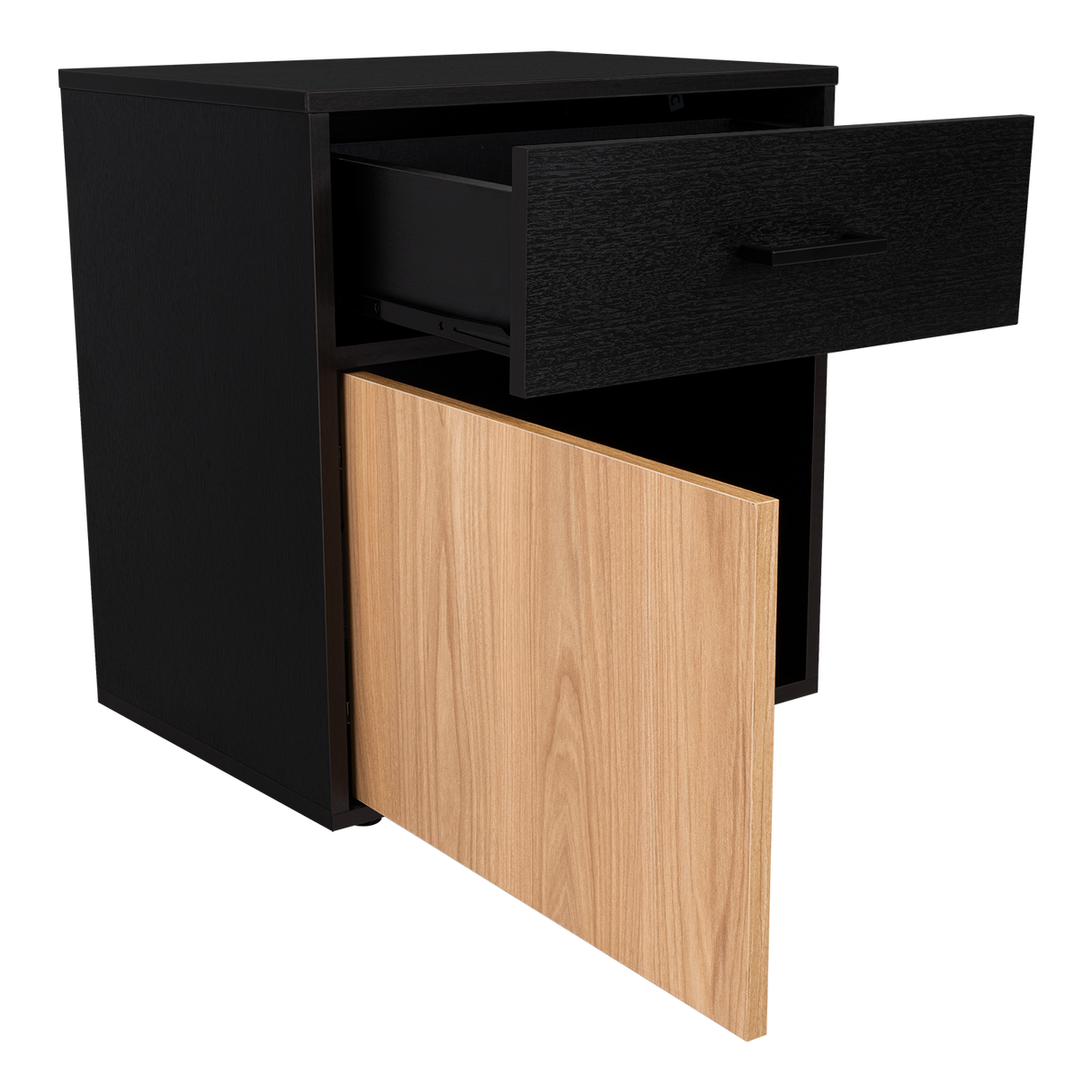 Mesa de Noche Grayson Wengue y Fresno 50x55cm con Un Cajón y con Dos Compartimientos - MESAS DE NOCHE | Bylmo