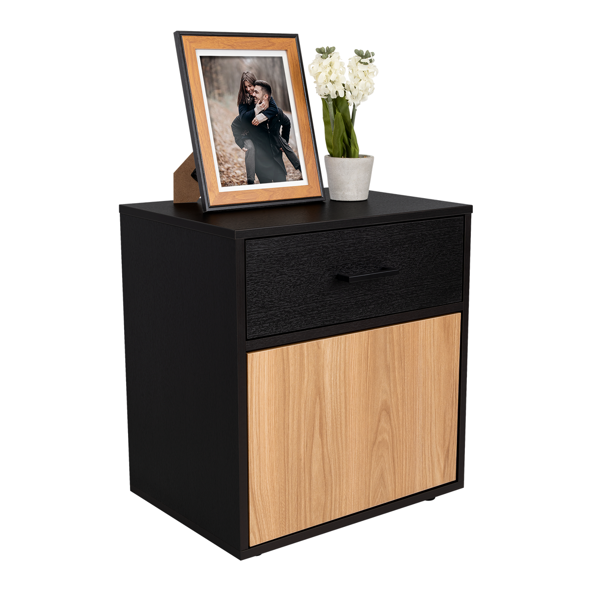 Mesa de Noche Grayson Wengue y Fresno 50x55cm con Un Cajón y con Dos Compartimientos - MESAS DE NOCHE | Bylmo