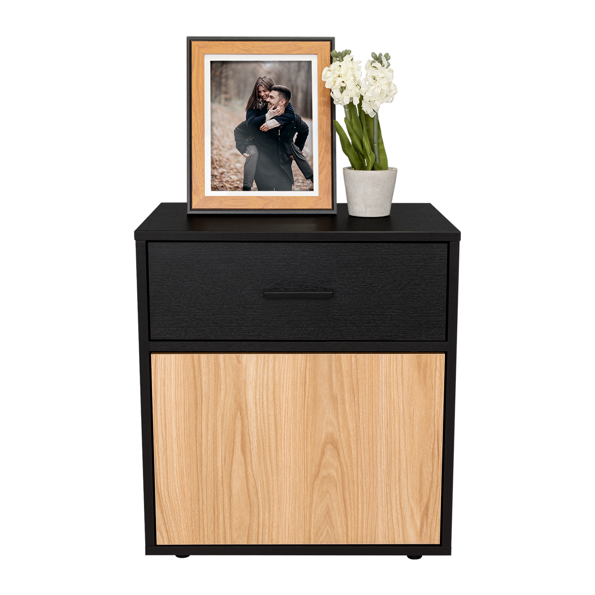 Mesa de Noche Grayson Wengue y Fresno 50x55cm con Un Cajón y con Dos Compartimientos - MESAS DE NOCHE | Bylmo