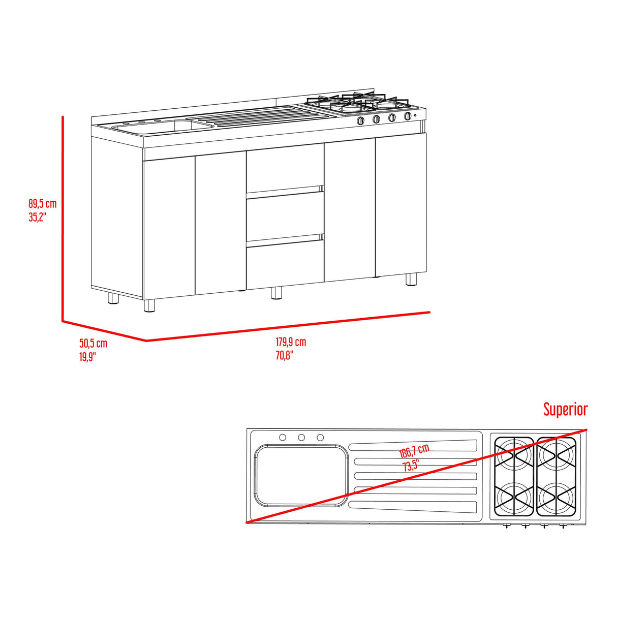Mueble Inferior de Cocina Boreal Blanco y Fresno Europeo 179.9x89.5cm Con Meson Izquierdo de Acero Inoxidable y con Estufa - MUEBLES INFERIORES DE COCINA | Bylmo