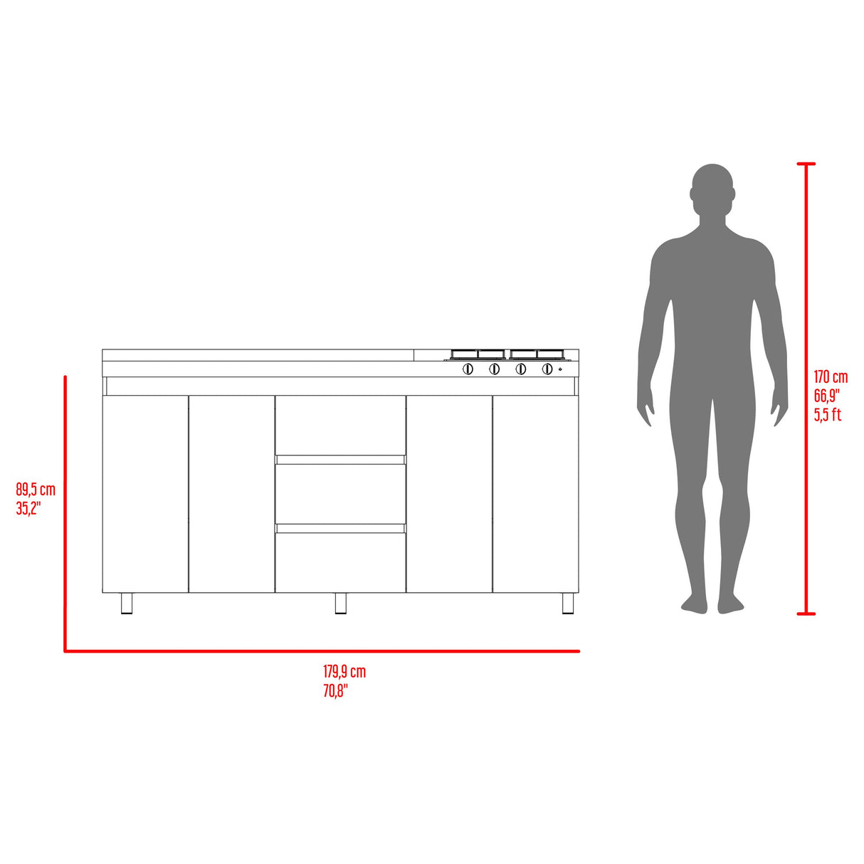 Mueble Inferior de Cocina Boreal Blanco y Fresno Europeo 179.9x89.5cm Con Meson Izquierdo de Acero Inoxidable y con Estufa - MUEBLES INFERIORES DE COCINA | Bylmo