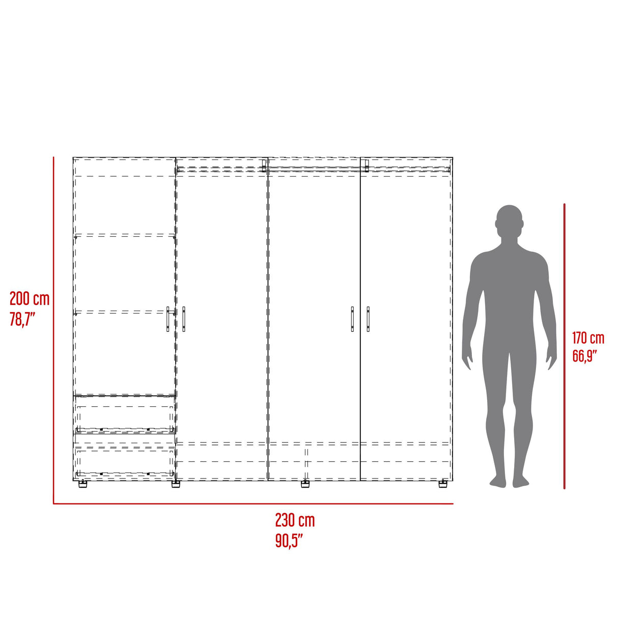 Closet Dassel Blanco y Fresno Europeo 230x200cm con Cuatro Puertas y con Dos Cajones - CLOSETS | Bylmo