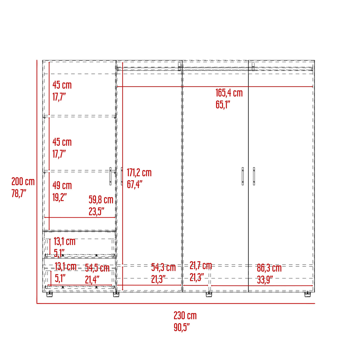 Closet Dassel Niebla y Blanco 230x200cm con Cuatro Puertas y con Dos Cajones - CLOSETS | Bylmo