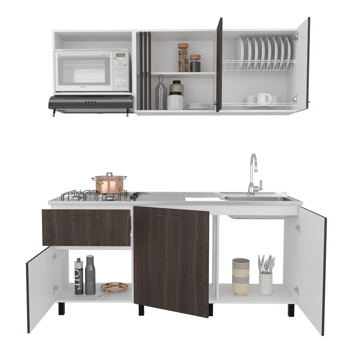 Cocina Preston Blanco y Milan 180x60cm con Meson de Acero Al Carbon Derecho y con Estufa - COCINAS | Bylmo