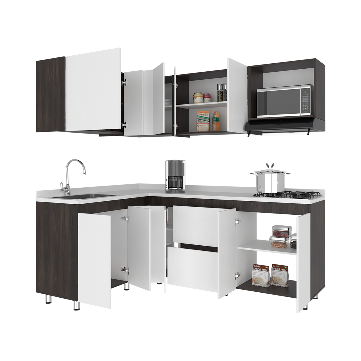 Cocina Esquinera Barnwell Blanco y Nogal 210x62cm sin Mesón y sin Estufa - COCINAS | Bylmo