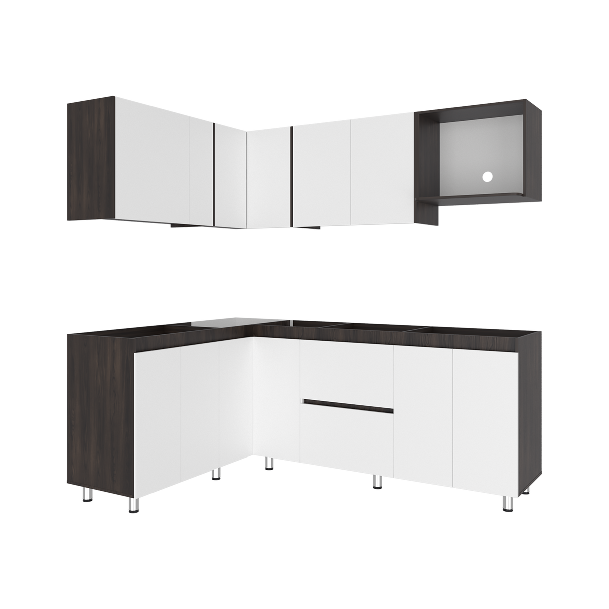 Cocina Esquinera Barnwell Blanco y Nogal 210x62cm sin Mesón y sin Estufa - COCINAS | Bylmo