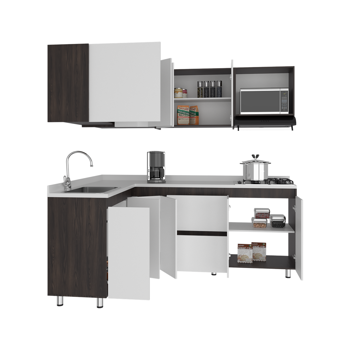 Cocina Esquinera Barnwell Blanco y Nogal 210x62cm sin Mesón y sin Estufa - COCINAS | Bylmo