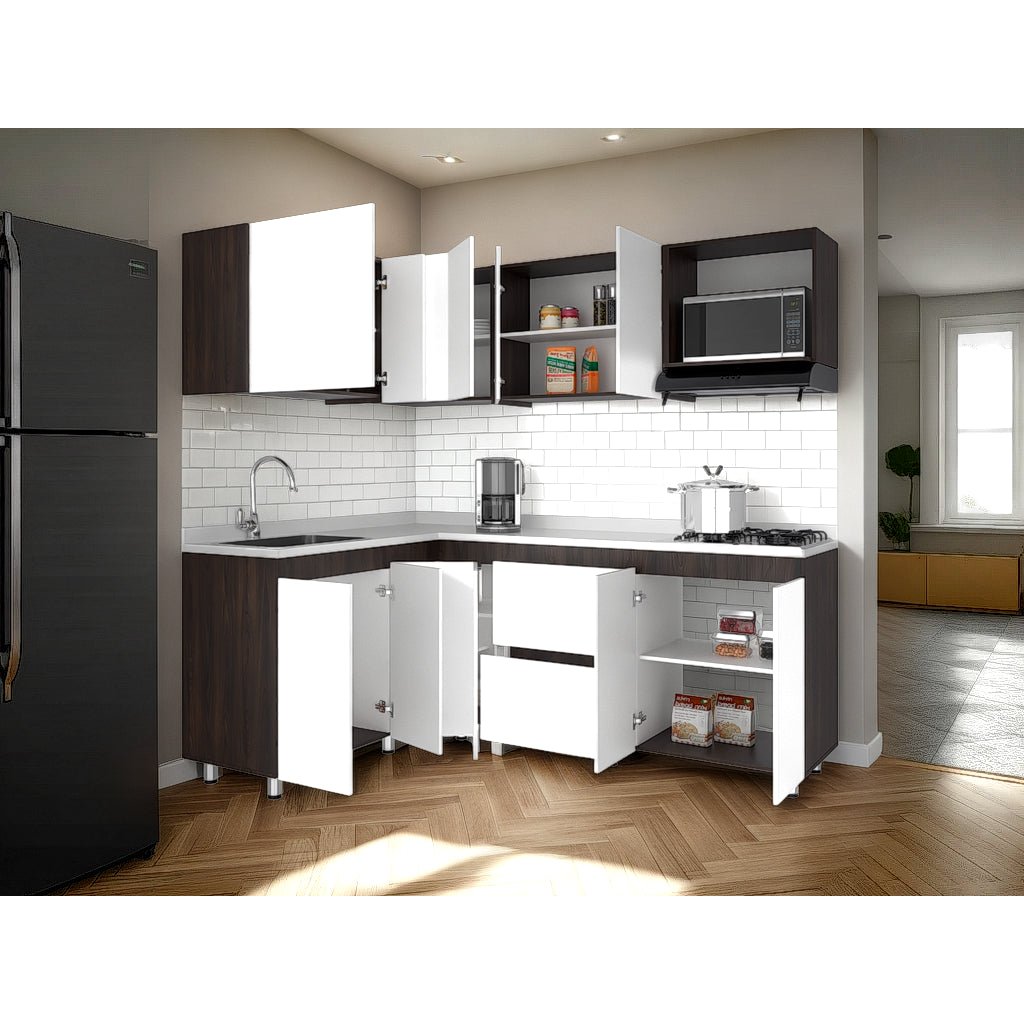 Cocina Esquinera Barnwell Blanco y Nogal 210x62cm sin Mesón y sin Estufa - COCINAS | Bylmo