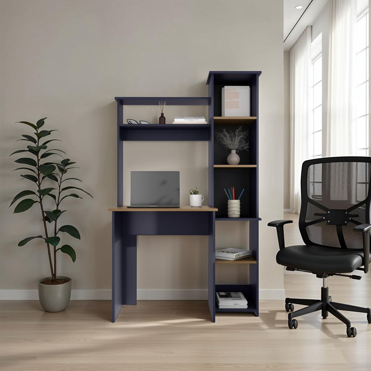 Centro de Computo Versalles Azul y Fresno 98.5x163.1cm sin Cajones y con Organizador de Libros - ESCRITORIOS | Bylmo