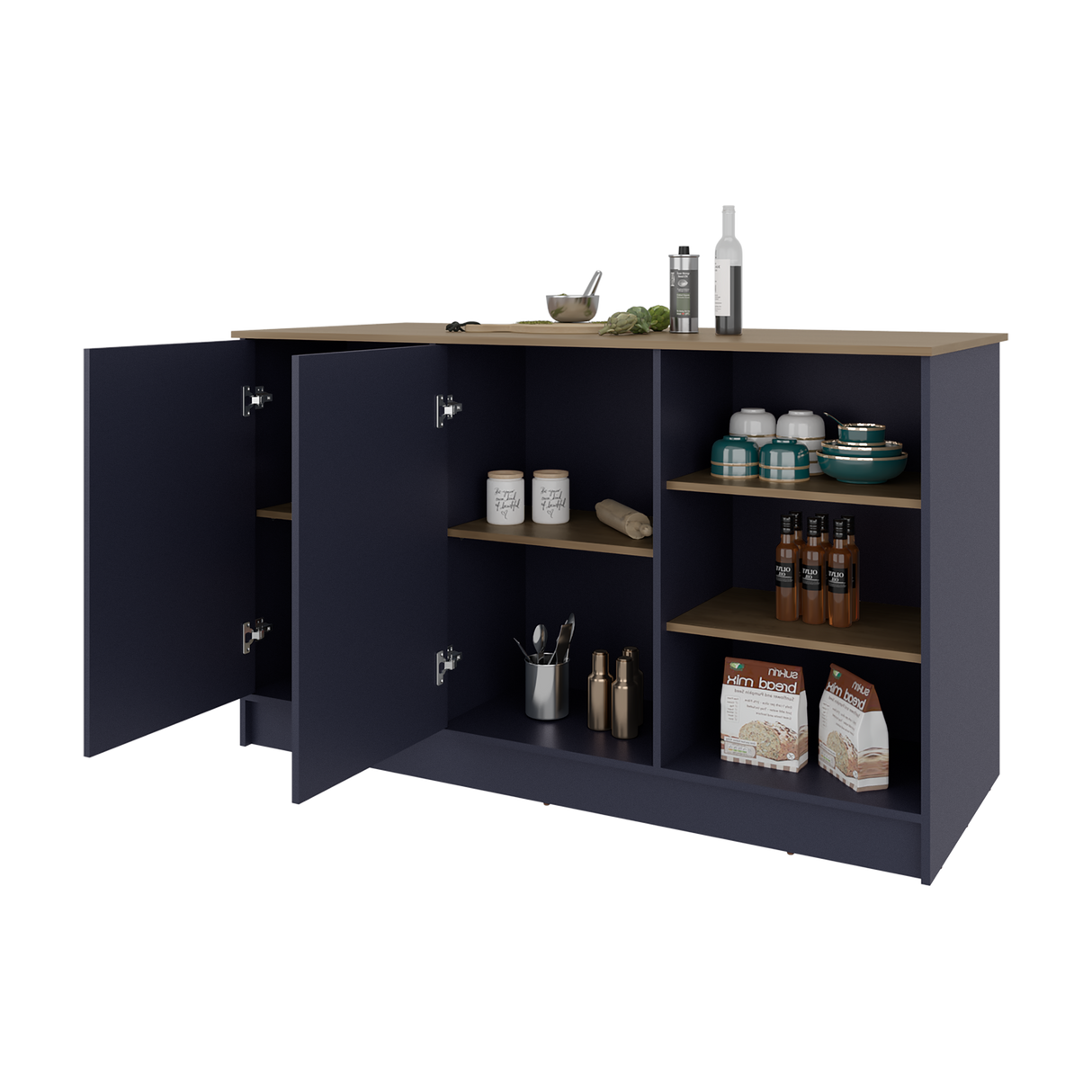 Isla de Cocina Ginger Azul y Fresno Europeo 150x90.6cm con Cuatro Entrepaños y con Siete Compartimientos - BARRAS Y MUEBLES AUXILIARES | Bylmo