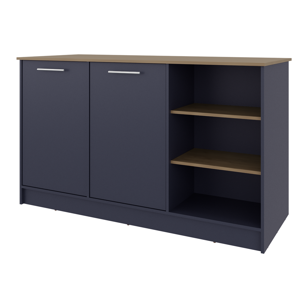 Isla de Cocina Ginger Azul y Fresno Europeo 150x90.6cm con Cuatro Entrepaños y con Siete Compartimientos - BARRAS Y MUEBLES AUXILIARES | Bylmo
