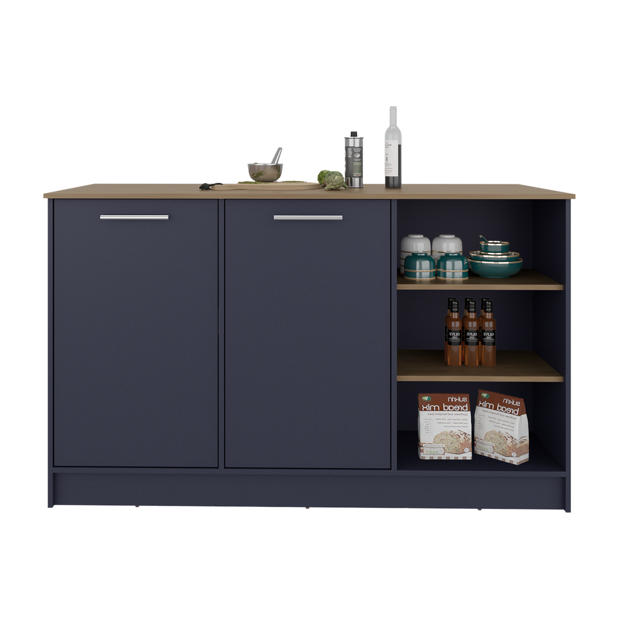 Isla de Cocina Ginger Azul y Fresno Europeo 150x90.6cm con Cuatro Entrepaños y con Siete Compartimientos - BARRAS Y MUEBLES AUXILIARES | Bylmo
