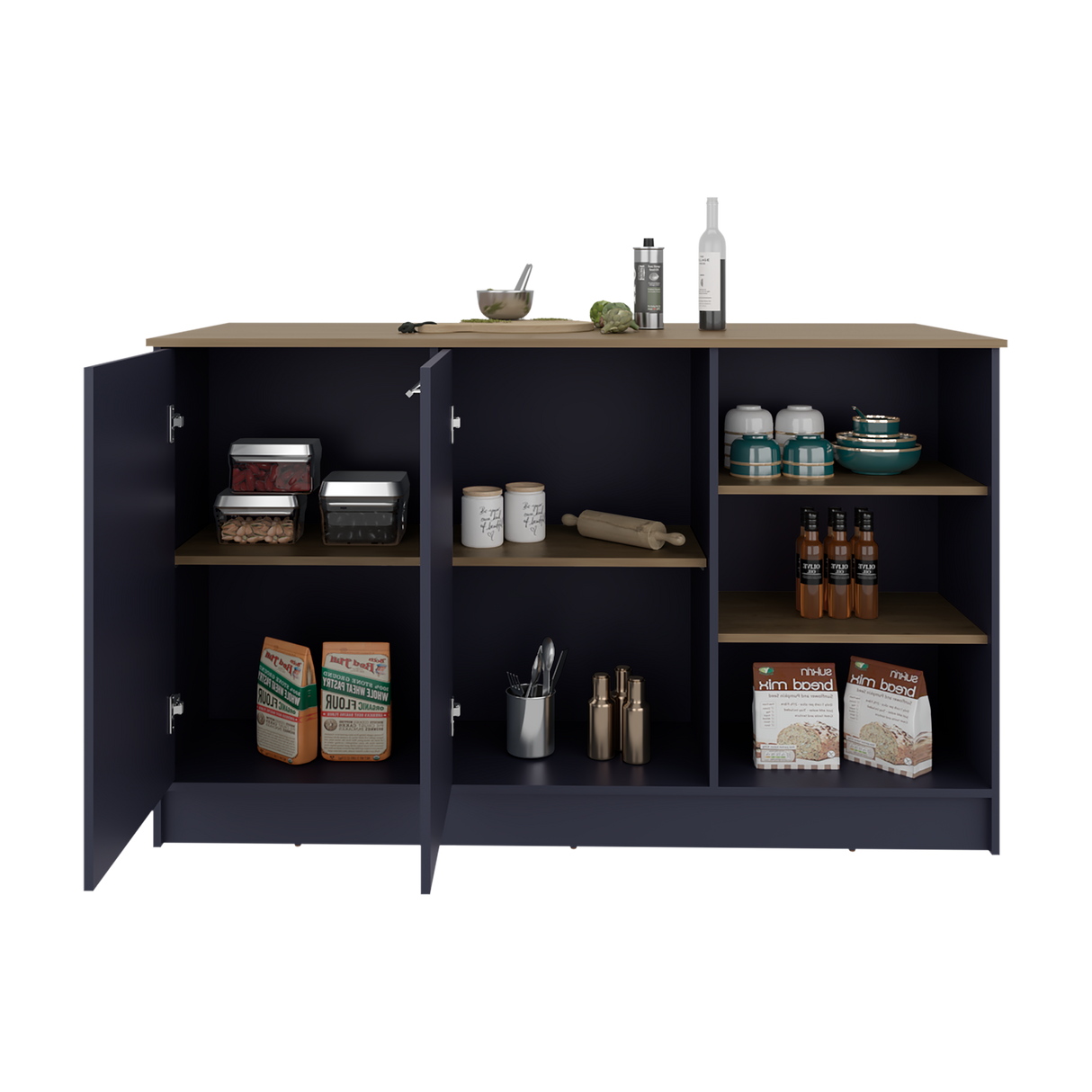 Isla de Cocina Ginger Azul y Fresno Europeo 150x90.6cm con Cuatro Entrepaños y con Siete Compartimientos - BARRAS Y MUEBLES AUXILIARES | Bylmo