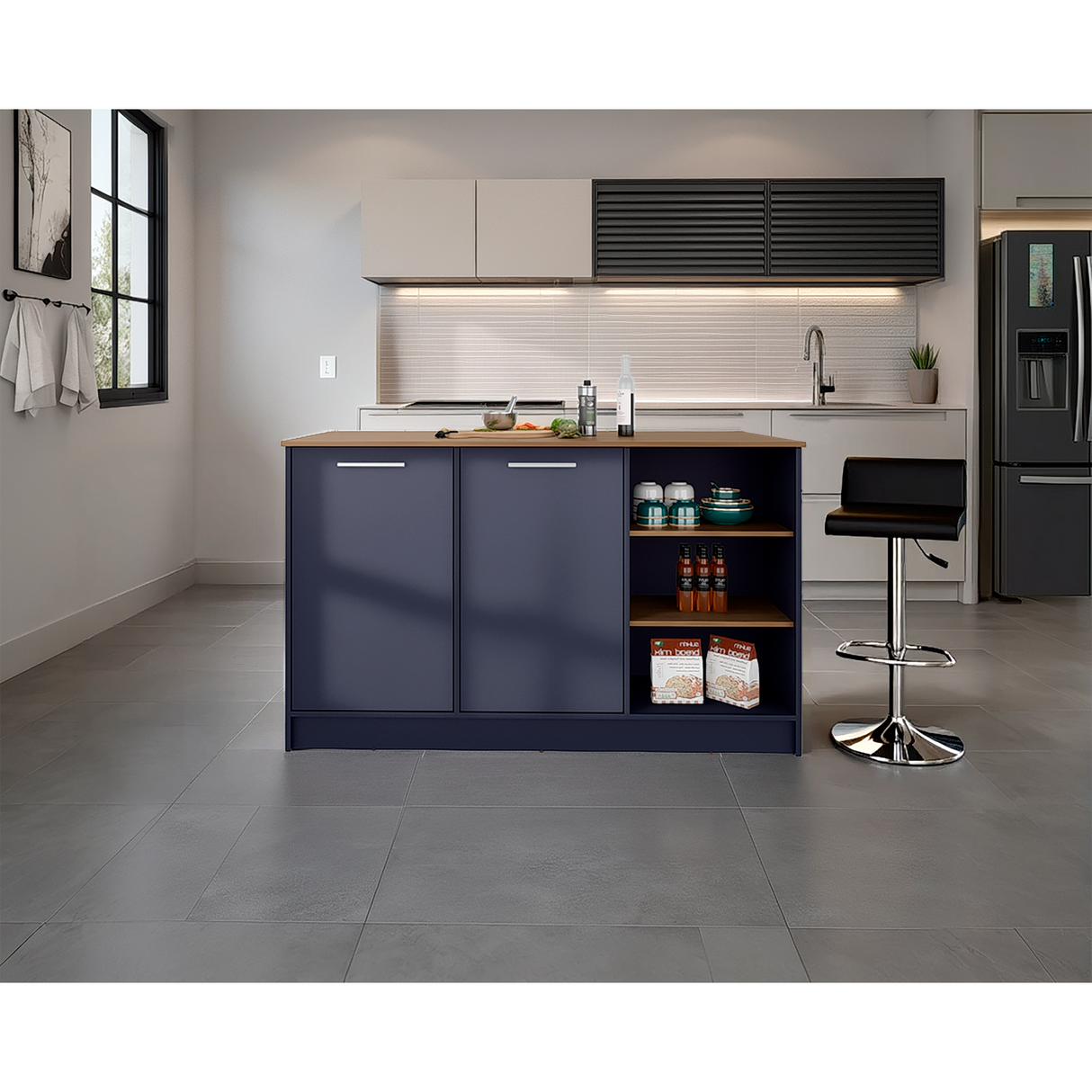 Isla de Cocina Ginger Azul y Fresno Europeo 150x90.6cm con Cuatro Entrepaños y con Siete Compartimientos - BARRAS Y MUEBLES AUXILIARES | Bylmo