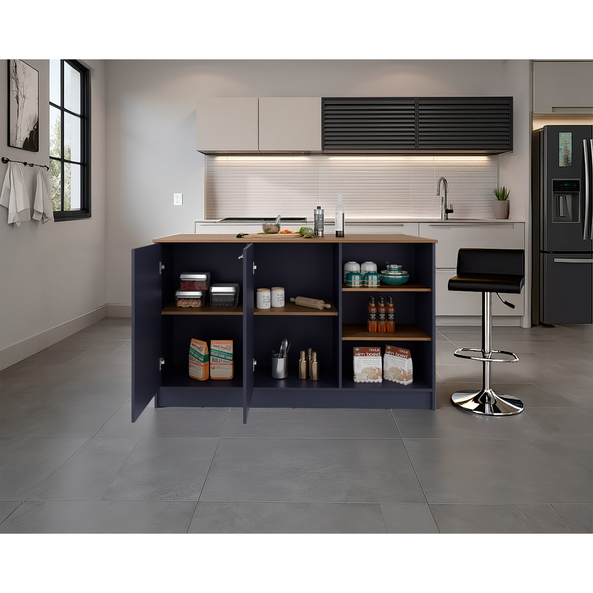 Isla de Cocina Ginger Azul y Fresno Europeo 150x90.6cm con Cuatro Entrepaños y con Siete Compartimientos - BARRAS Y MUEBLES AUXILIARES | Bylmo