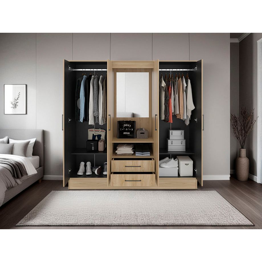 Closet Barmine Fresno Europeo y Wengue 180.2x180.6cm con Dos Cajones con Cuatro Puertas y con Espejo - CLOSETS | Bylmo