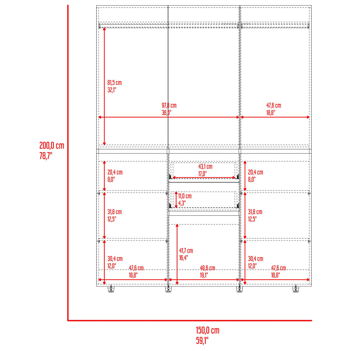 Closet Bea Gales y Blanco 150x200cm con Dos Cajones y con Seis Puertas - CLOSETS | Bylmo