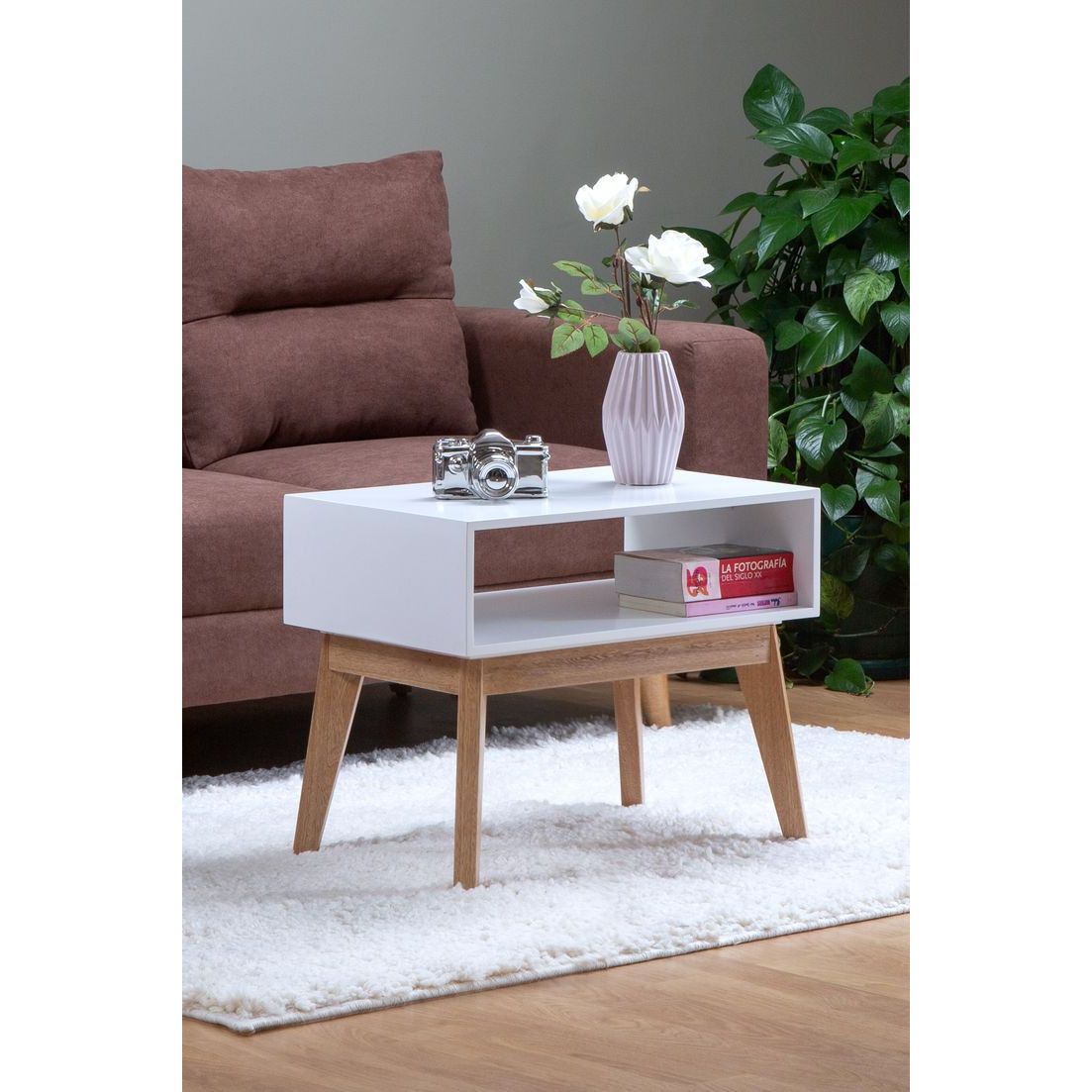 Mesa de Centro Mayorca Blanco y Natural 70x40cm Cuadrado con Patas - MESAS DE CENTRO | Bylmo