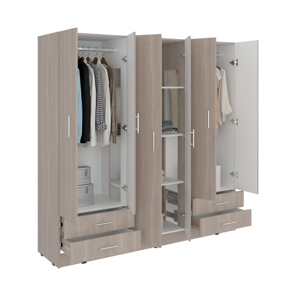 Closet Petunia Bardolino y Blanco 180x180cm con Cuatro Cajones y Seis Puertas - CLOSETS | Bylmo