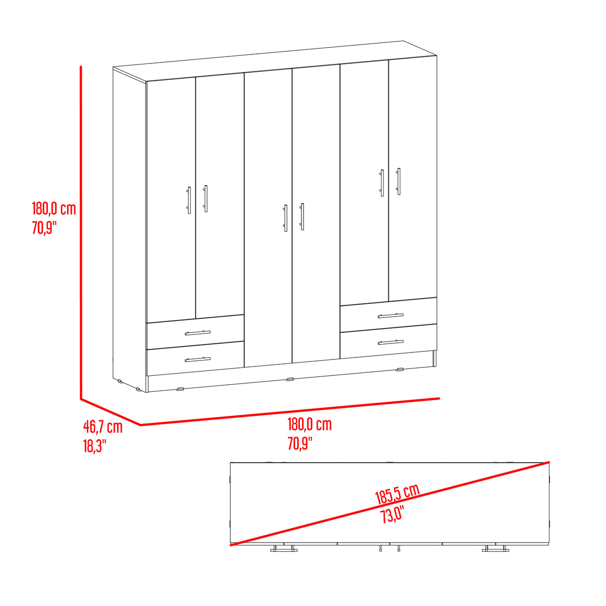 Closet Petunia Bardolino y Blanco 180x180cm con Cuatro Cajones y Seis Puertas - CLOSETS | Bylmo