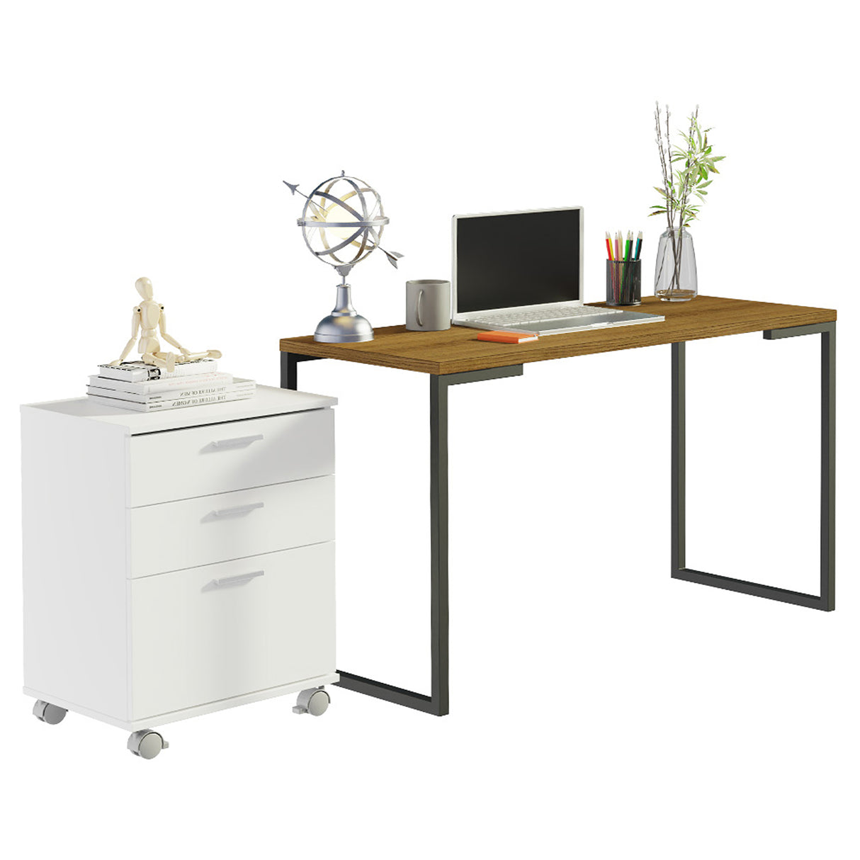 Escritorio Industrial Marron y Blanco 120x73cm con Tres Cajones con Organizador de Libros y con Archivador - ESCRITORIOS | Bylmo