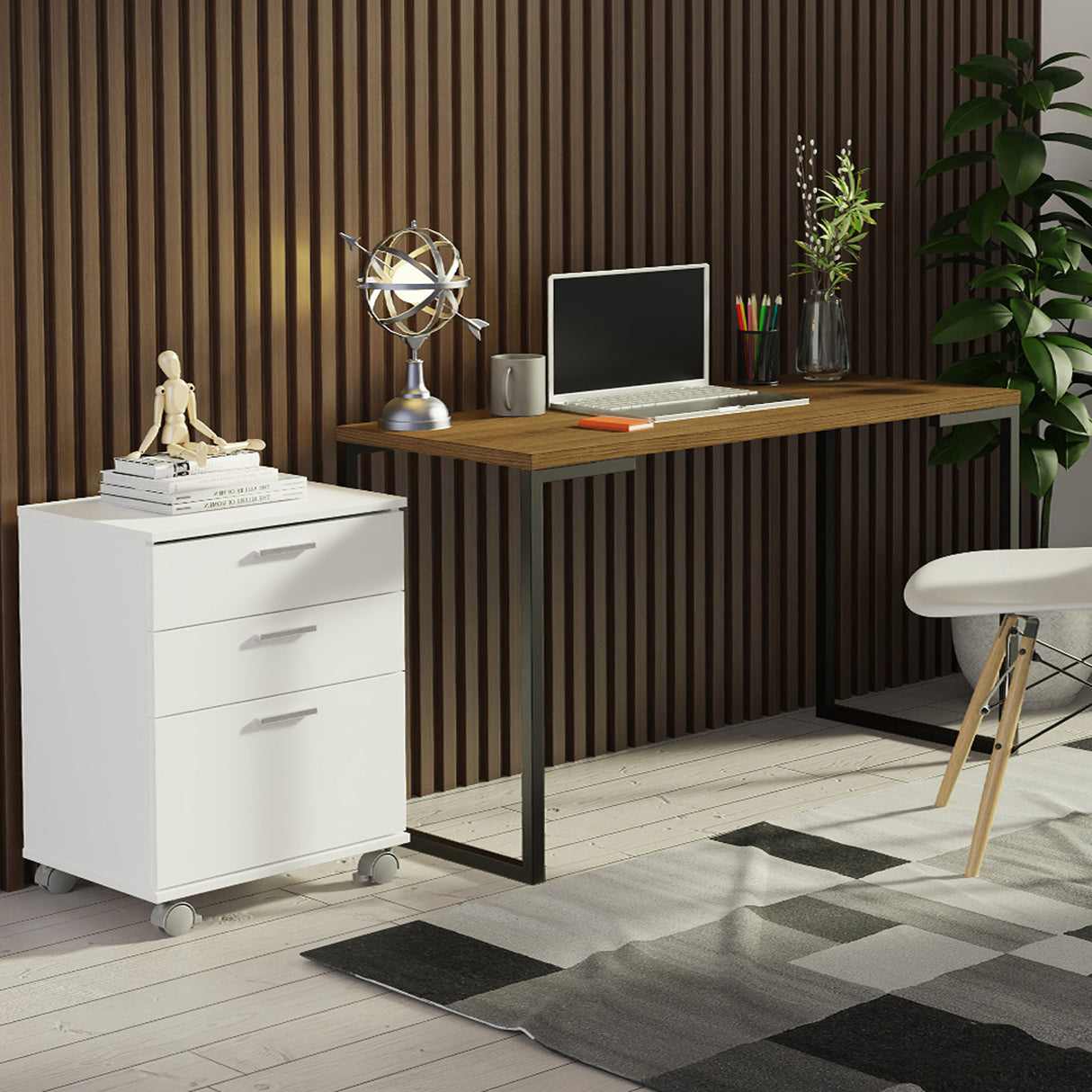 Escritorio Industrial Marron y Blanco 120x73cm con Tres Cajones con Organizador de Libros y con Archivador - ESCRITORIOS | Bylmo