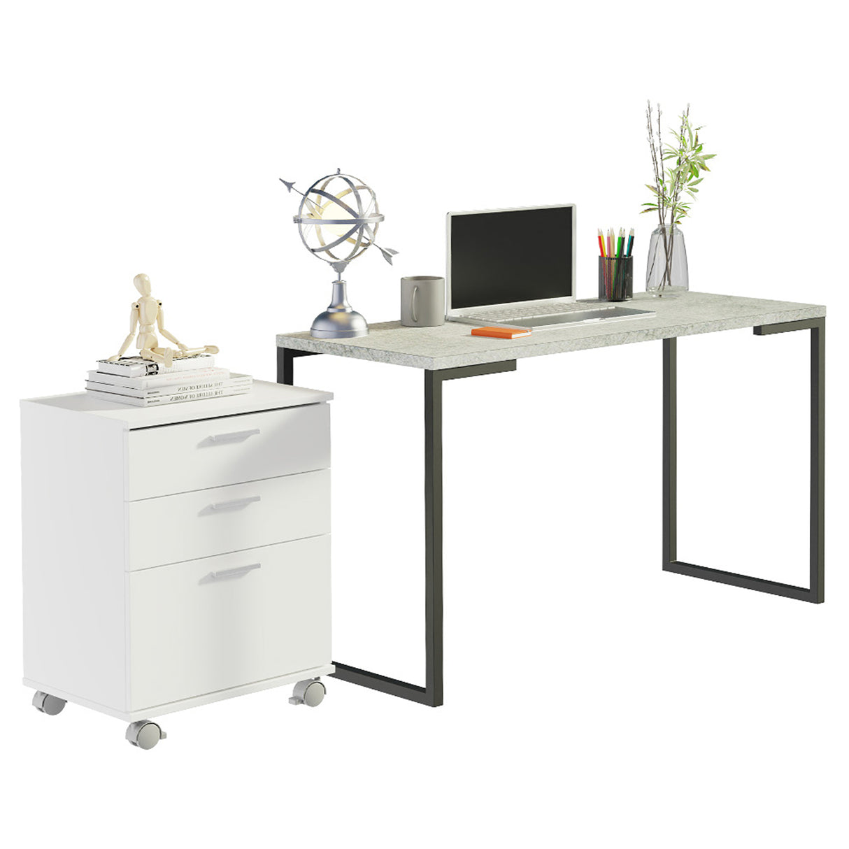 Escritorio Industrial Blanco y Gris 120x73cm con Tres Cajones con Organizador de Libros y con Archivador - ESCRITORIOS | Bylmo