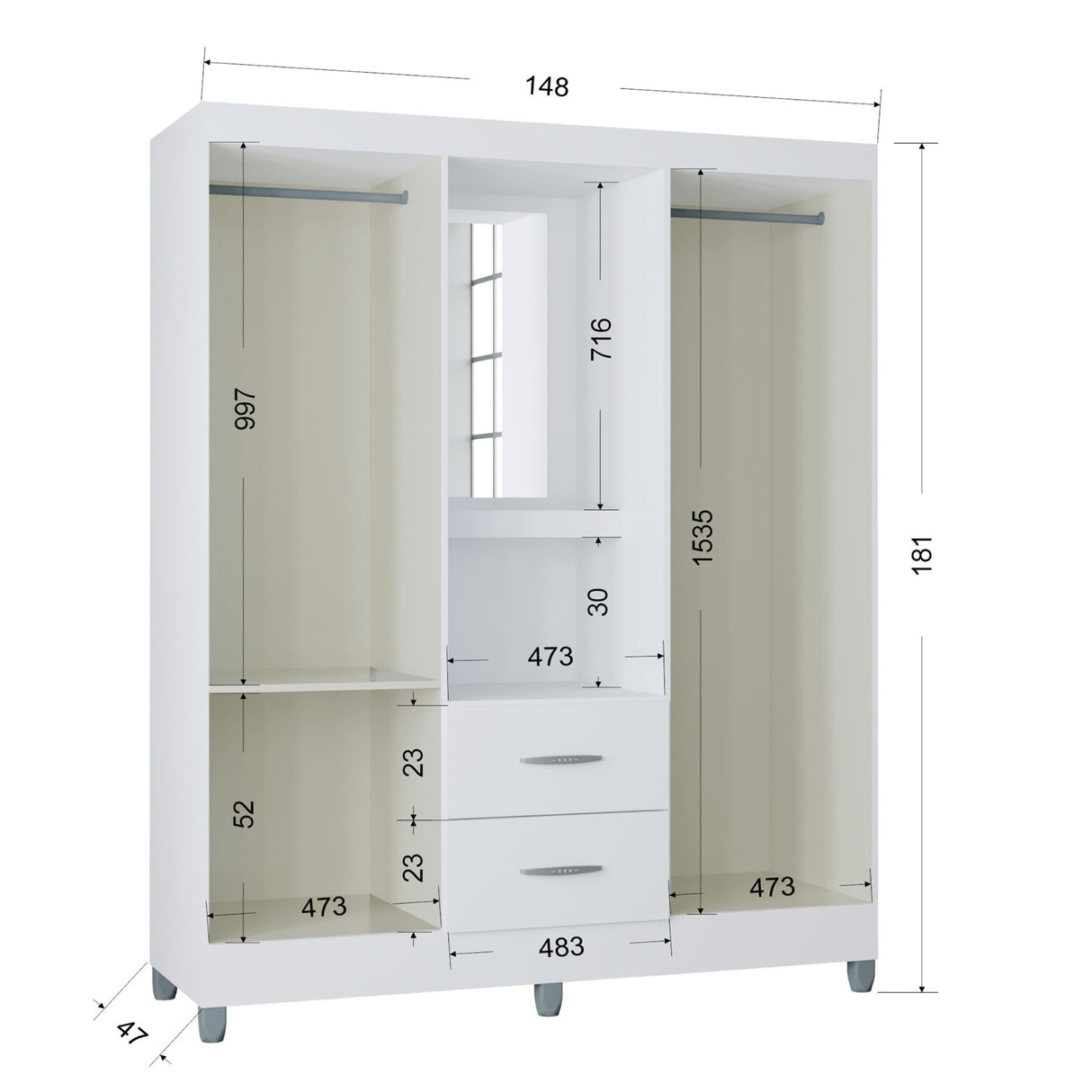 Closet Cordoba Blanco 148x181cm con Dos Cajones con Cuatro Puertas y con Espejo - CLOSETS | Bylmo