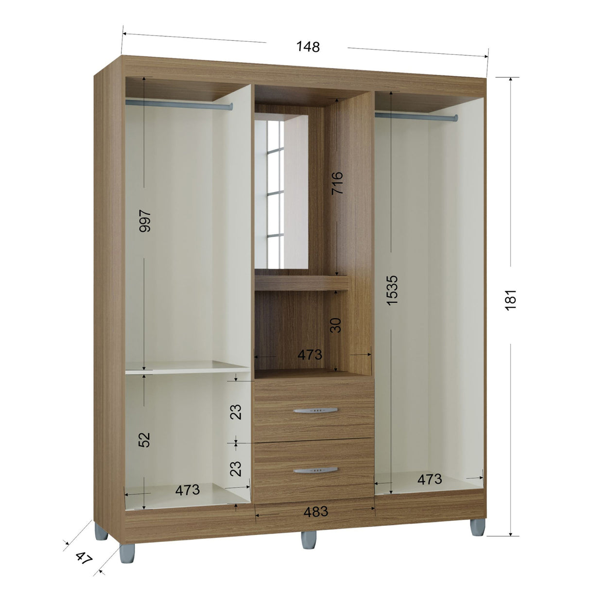 Closet Cordoba Castaño 148x181cm con Dos Cajones con Cuatro Puertas y con Espejo