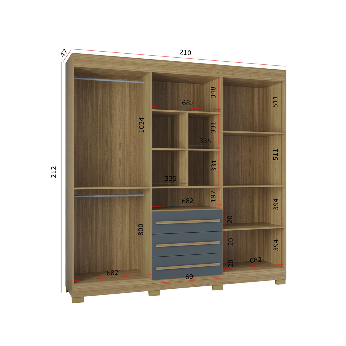 Closet Amazonia Castaño y Gris 210x212cm con Tres Cajones y con Seis Puertas