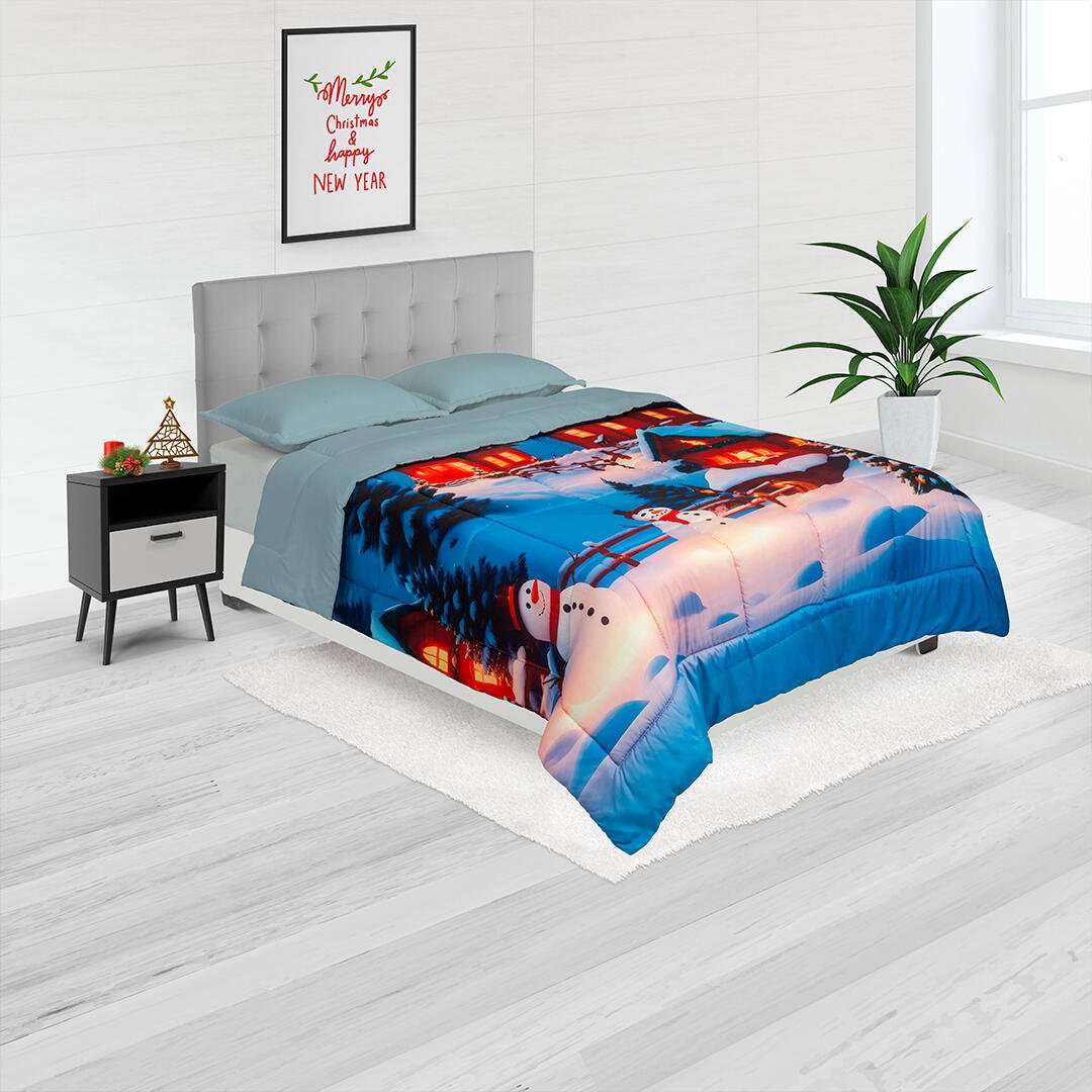 Cubrelecho Navideño Azul Pastel 140x190cm Doble Faz Acolchado para cama Doble 140 X 190 Cm de Muñecos De Navidad - TENDIDOS Y CUBRELECHOS | Bylmo