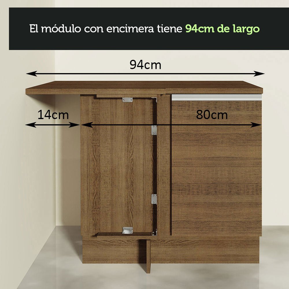 Mueble Inferior de Cocina Esquinero Glamy Marron 94x84cm Sin Cajones con Mesón de Madera y sin Estufa - MUEBLES INFERIORES DE COCINA | Bylmo