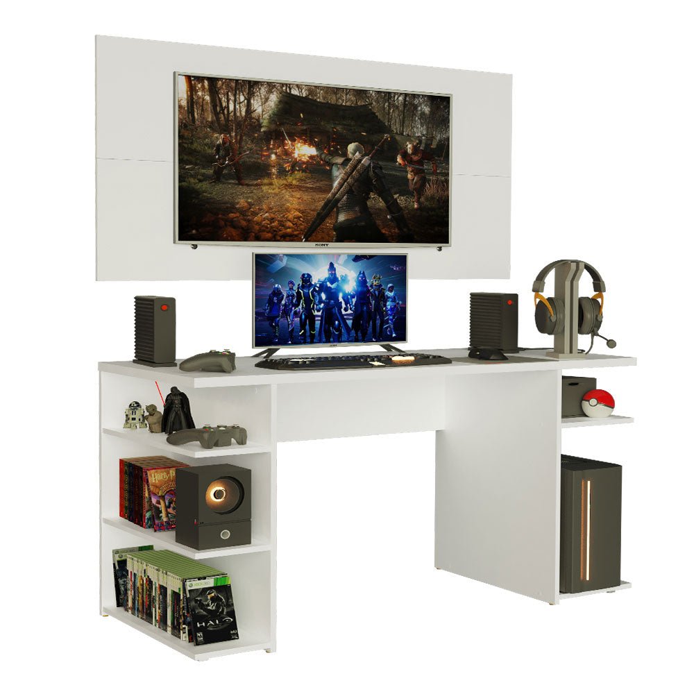 Combo Escritorio Gamer y Panel de TV Blanco 136x75cm para TV hasta 50 Pulgadas Sin Cajones y con Organizador de Libros y Consolas - ESCRITORIOS | Bylmo