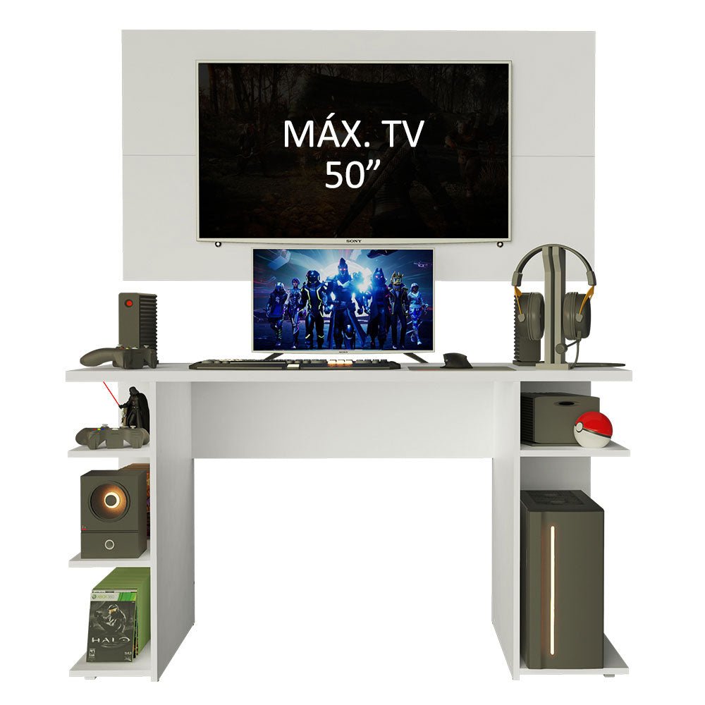 Combo Escritorio Gamer y Panel de TV Blanco 136x75cm para TV hasta 50 Pulgadas Sin Cajones y con Organizador de Libros y Consolas - ESCRITORIOS | Bylmo