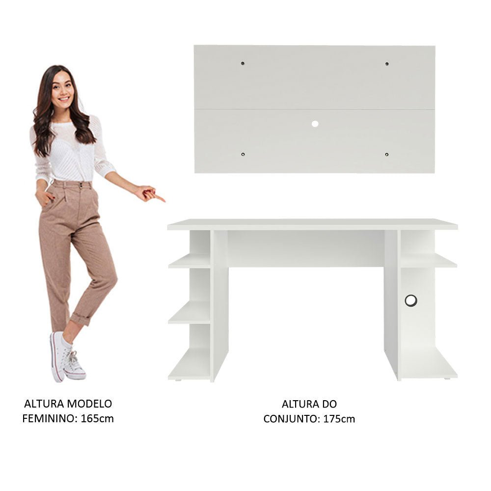 Combo Escritorio Gamer y Panel de TV Blanco 136x75cm para TV hasta 50 Pulgadas Sin Cajones y con Organizador de Libros y Consolas - ESCRITORIOS | Bylmo