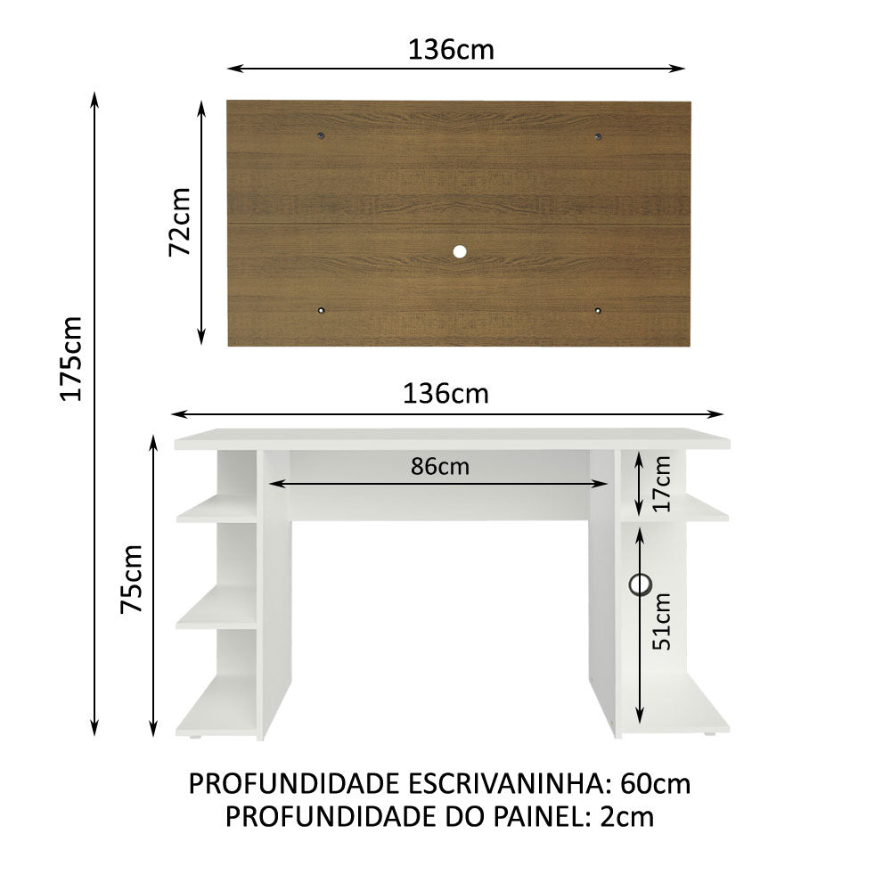 Combo Escritorio Gamer y Panel de TV Blanco y Marron 136x75cm para TV hasta 50 Pulgadas Sin Cajones y con Organizador de Libros y Consolas - ESCRITORIOS | Bylmo
