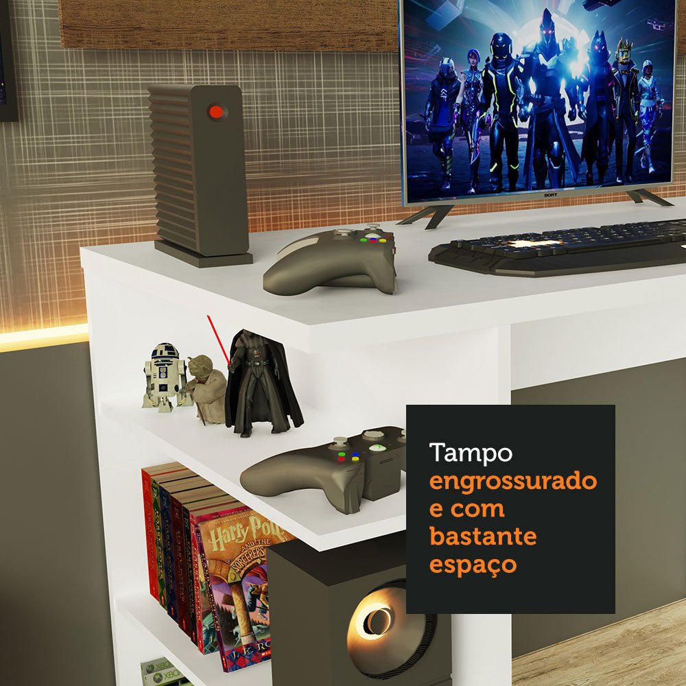 Combo Escritorio Gamer y Panel de TV Blanco y Marron 136x75cm para TV hasta 50 Pulgadas Sin Cajones y con Organizador de Libros y Consolas - ESCRITORIOS | Bylmo