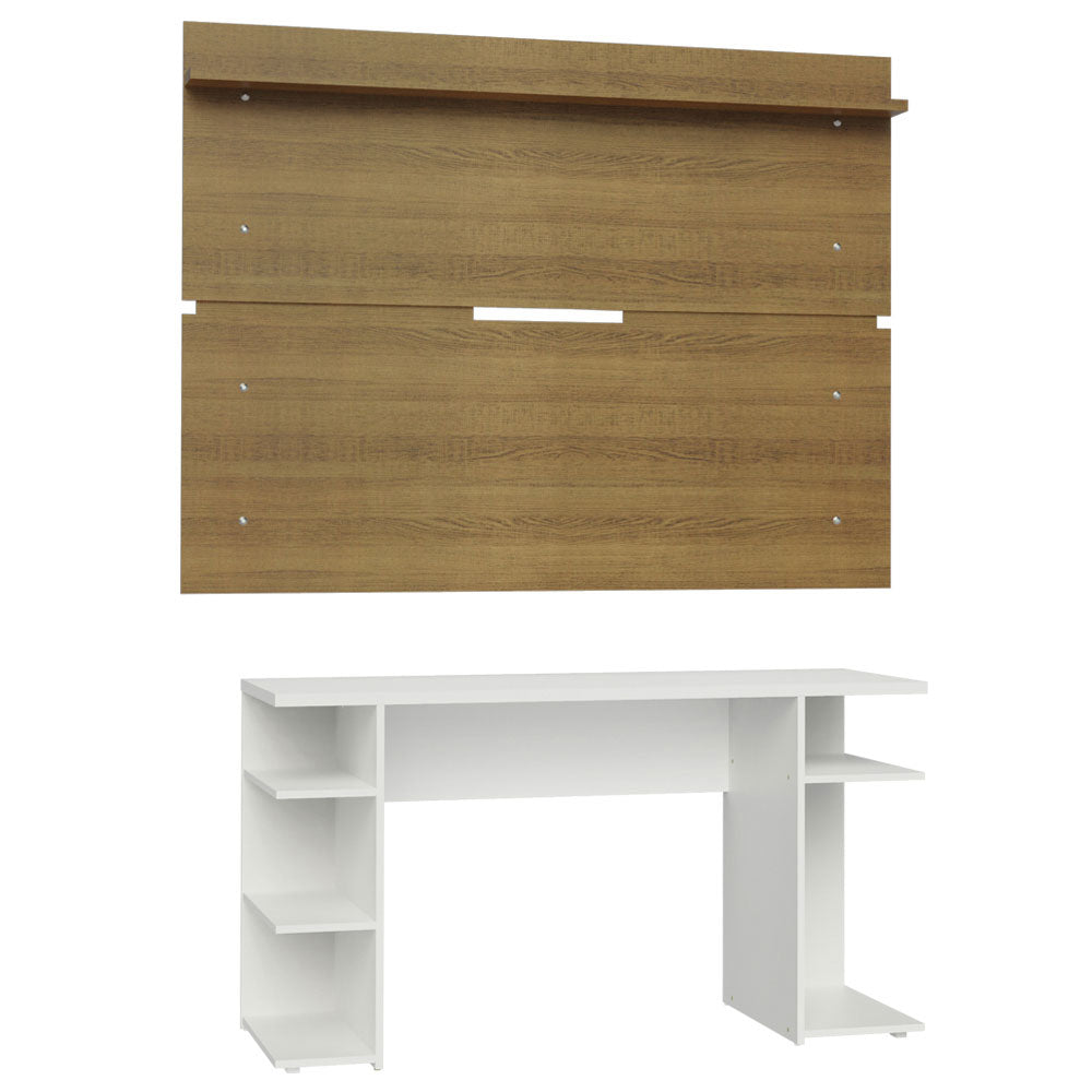 Combo Escritorio Gamer y Panel de TV Blanco y Marron 136x75cm para TV hasta 65 Pulgadas Sin Cajones y con Organizador de Libros y Consolas - ESCRITORIOS | Bylmo