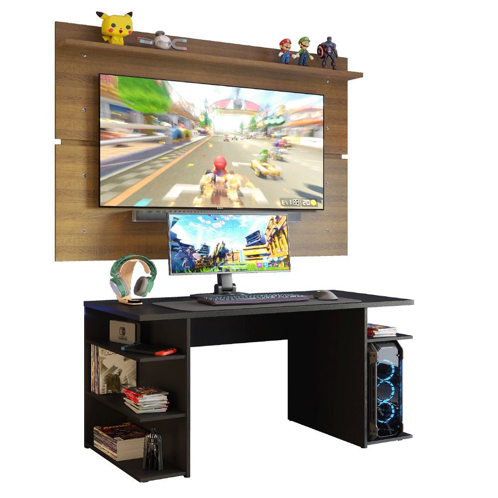 Combo Escritorio Gamer y Panel de TV Negro y Marron 136x75cm para TV hasta 65 Pulgadas Sin Cajones y con Organizador de Libros y Consolas - ESCRITORIOS | Bylmo