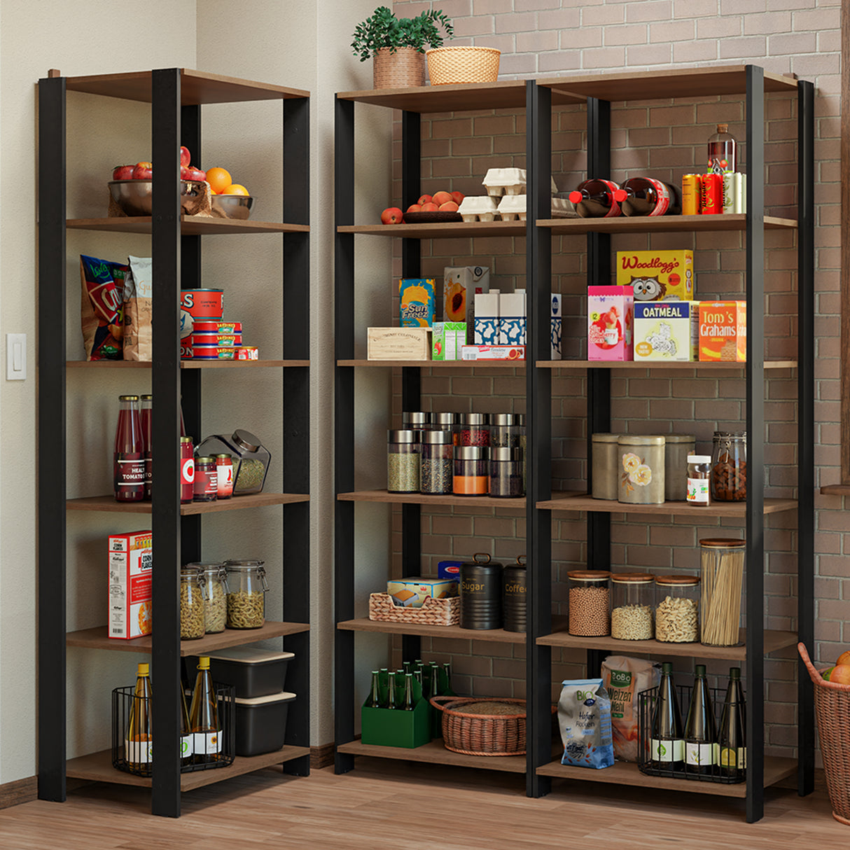 Set X 3 Muebles Organizadores de Despensa Esquinero Marron y Negro 177x180cm con Patas y con Quince Repisas - ALACENAS Y MUEBLES MICROONDAS | Bylmo