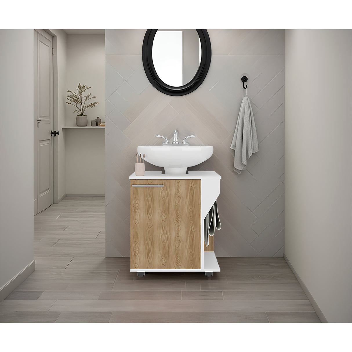 Mueble para Lavamanos Phillips Blanco y Fresno Europeo 56x62.1cm Individual sin Lavamanos con Una Puerta - MUEBLES PARA LAVAMANOS | Bylmo