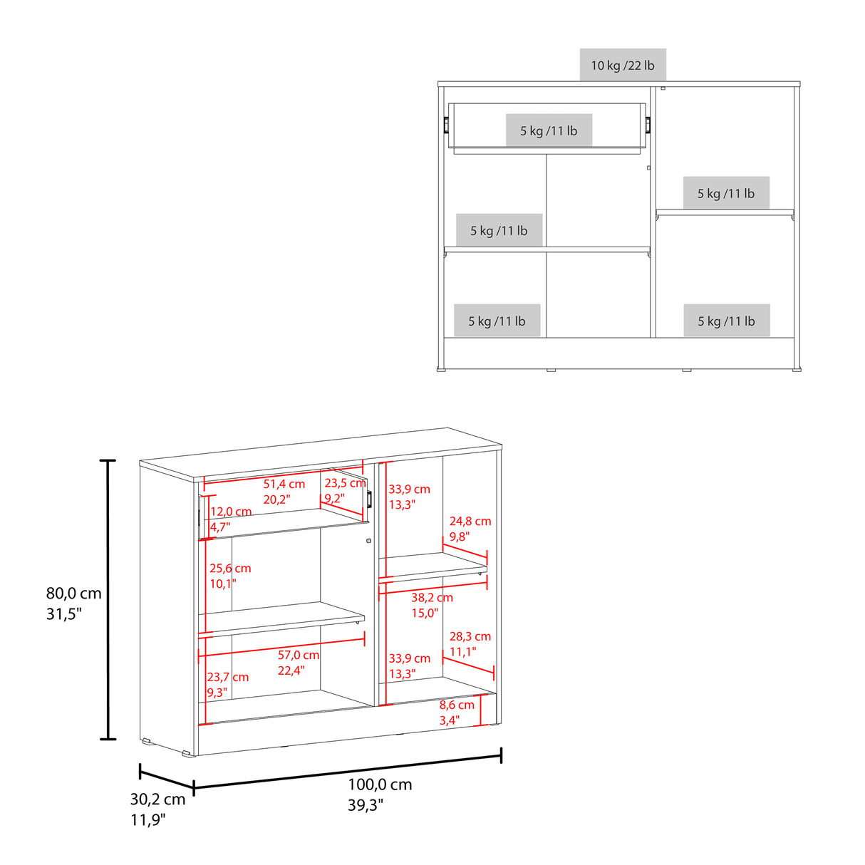 Cómoda Praga Blanco 100x80cm de Dos Hileras con Un Cajón y con Espacio para TV - CAJONERAS Y COMODAS | Bylmo