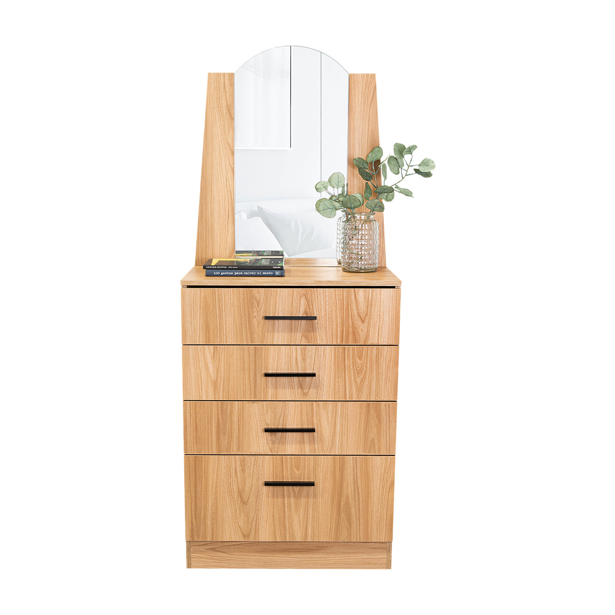 Cómoda Praga Fresno 63x151cm de Cuatro Hileras con Tres Cajones con Espacio para Tv y con Espejo - CAJONERAS Y COMODAS | Bylmo