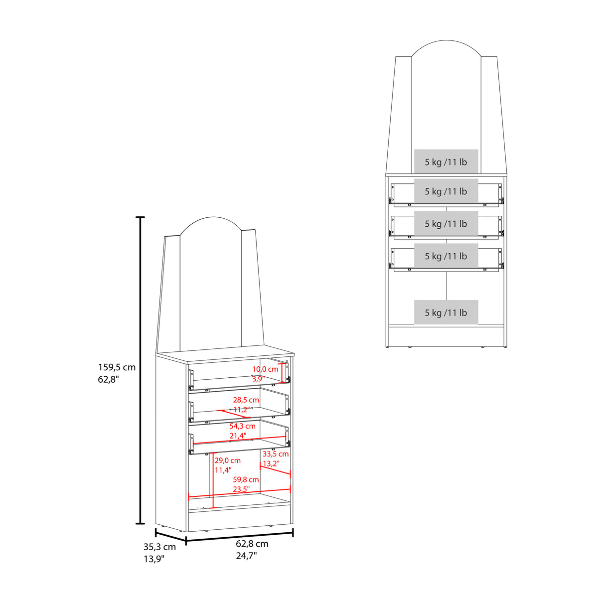 Cómoda Praga Fresno 63x151cm de Cuatro Hileras con Tres Cajones con Espacio para Tv y con Espejo - CAJONERAS Y COMODAS | Bylmo