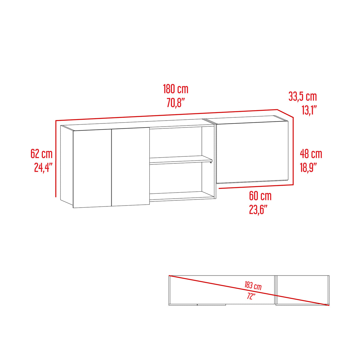 Mueble Superior de Cocina Boreal Blanco Fresno 180x62cm con Tres Puertas y con Locero - MUEBLES SUPERIORES DE COCINA | Bylmo