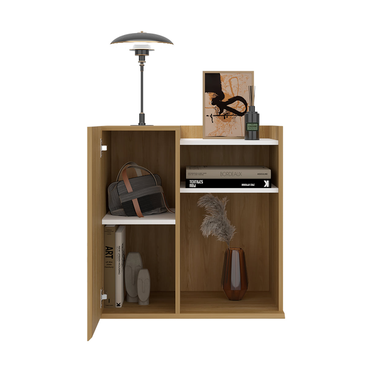 Mesa de Noche Cairo Fresno Europeo y Blanco 65x65cm con Tres Compartimientos - MESAS DE NOCHE | Bylmo